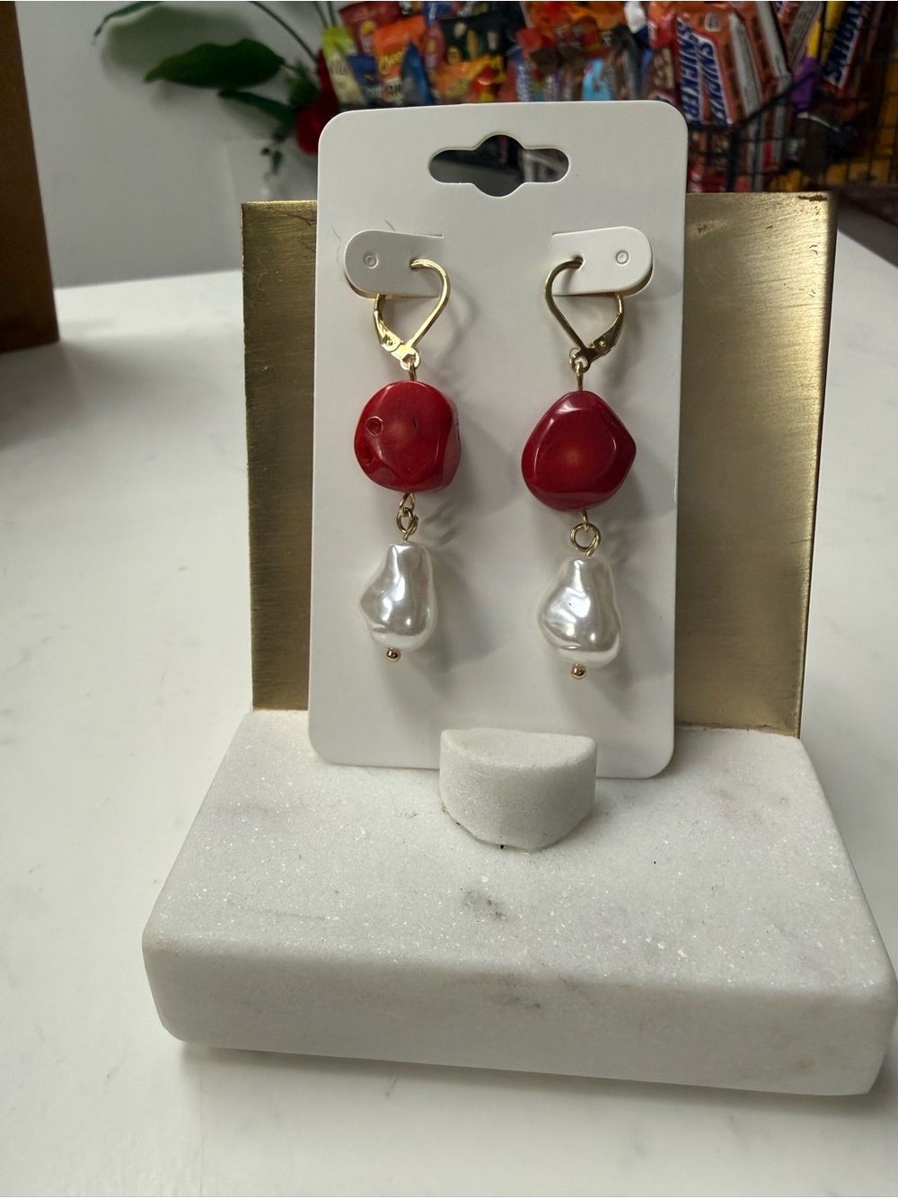 Red and Pearl Drop Earrings - Gold Tone